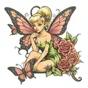 Tinkerbell sitting with rose, butterfly and 2 dragonflys tattoo design idea
