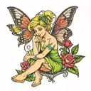 Tinkerbell sitting with rose, butterfly and 2 dragonflys tattoo design idea
