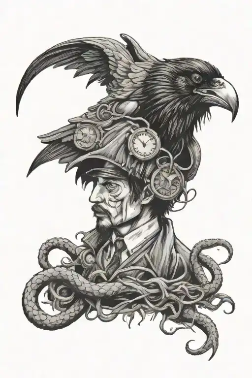 raven with tentacle coming out of mouth with a plaugue doctor standing on dead bodies tattoo design idea