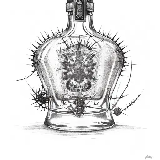A bottle of whiskey standing upright with a circular crown of thorns embedded into the neck of the bottle tattoo design idea