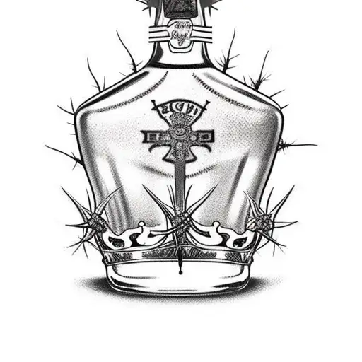A bottle of whiskey standing upright with a circular crown of thorns embedded into the neck of the bottle tattoo design idea
