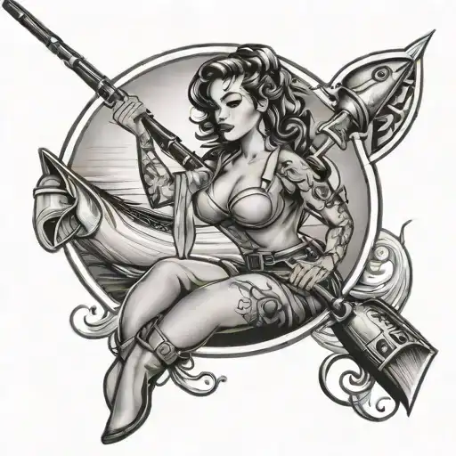 pinup girl fishing rod tattoo design idea