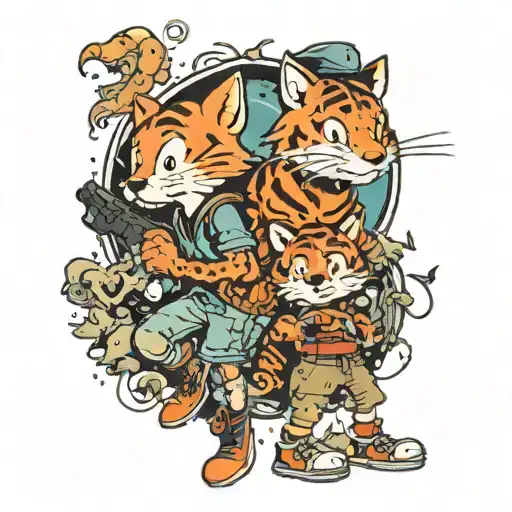 A Calvin and Hobbes themed minimalist tattoo of the duo exploring a mystical realm filled with gaming references and fantasy creatures tattoo design idea