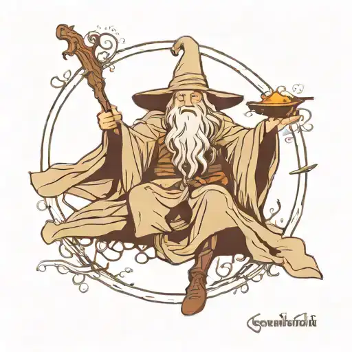 A minimalist tattoo of Gandalf from Lord of the Rings casting a healing spell, representing your dual interests in fantasy literature and medicine tattoo design idea