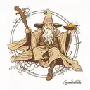 A minimalist tattoo of Gandalf from Lord of the Rings casting a healing spell, representing your dual interests in fantasy literature and medicine tattoo design idea