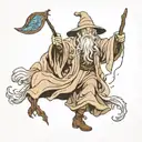 A minimalist tattoo of Gandalf from Lord of the Rings casting a healing spell, representing your dual interests in fantasy literature and medicine tattoo design idea