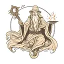 A minimalist tattoo of Gandalf from Lord of the Rings casting a healing spell, representing your dual interests in fantasy literature and medicine tattoo design idea