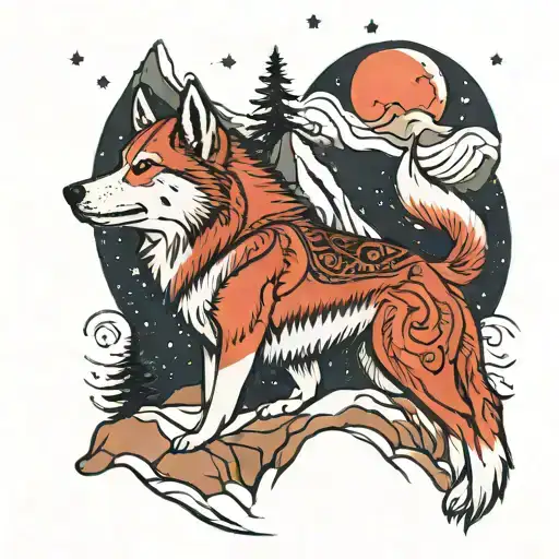 Red siberian husky on top of a symetrical mountain, howling at a full moon with the Aries constellation above the moon.  tattoo design idea