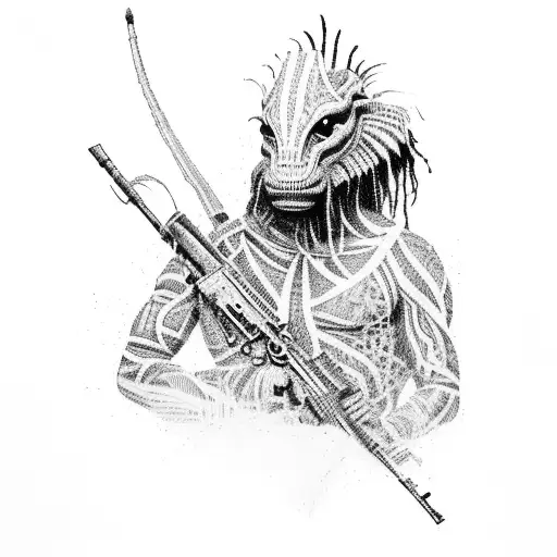 A Yautja warrior in a ghillie suit holding a high-tech sniper rifle tattoo design idea