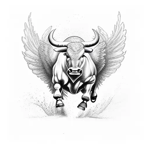 muscular running bull that's red with wings tattoo design idea