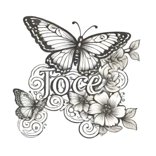the word 'Joce' with flowers on one side and butterflies landing on the other side  tattoo design idea