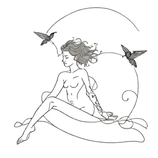 Continuous line tattoo with Medusa, a woman body  levitating and a hummingbird. All connected with one line on my arm. tattoo design idea