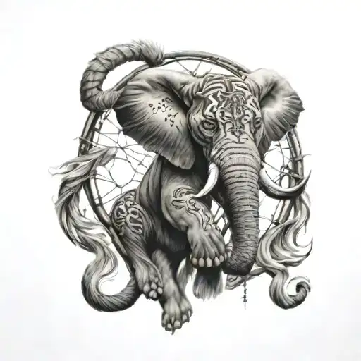 A dreamcatcher made of Thai elephant motifs with a tiger in the center tattoo design idea