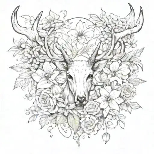 rib tattoo of deer antler wrapped with lilly of the valley, morning glory, aster, Narcissus, gladiolus, poppy, and roses tattoo design idea