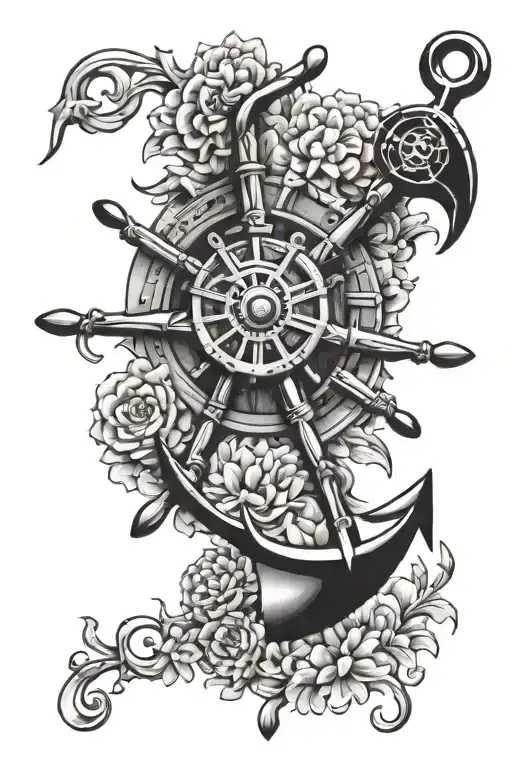 ship wheel, Anchor and chrysanthemum black and grey tattoo design idea