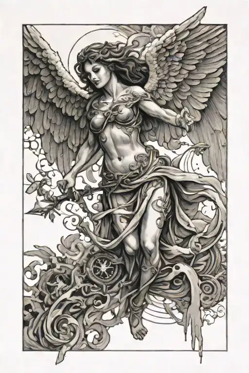 angel rising from dust travelling through time tattoo design idea