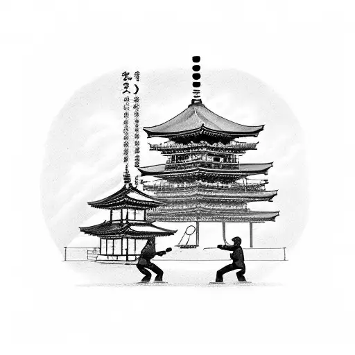 Two karate players train on the porch of a Japanese pagoda tattoo design idea