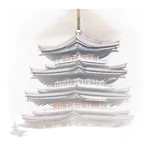 Two karate players train on the porch of a Japanese pagoda tattoo design idea