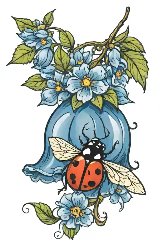 ladybug on a blue bell flowers growing tattoo design idea