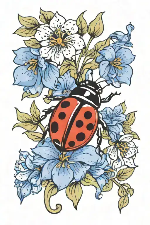 ladybug on a blue bell flowers growing tattoo design idea