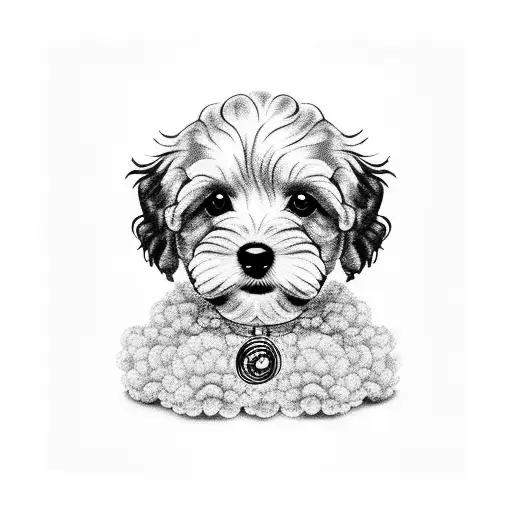 memorial for childhood puppy named bella. small black cockapoo with curly fur. tattoo design idea