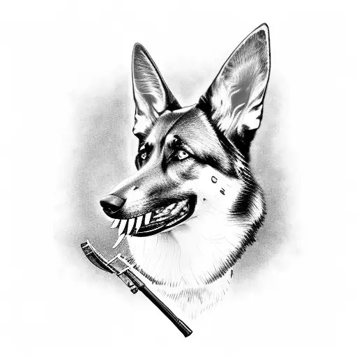 A German Shepard with a hunting rifle in its mouth tattoo design idea