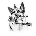 A German Shepard with a hunting rifle in its mouth tattoo design idea