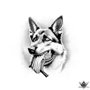 A German Shepard with a hunting rifle in its mouth tattoo design idea