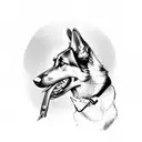 A German Shepard with a hunting rifle in its mouth tattoo design idea