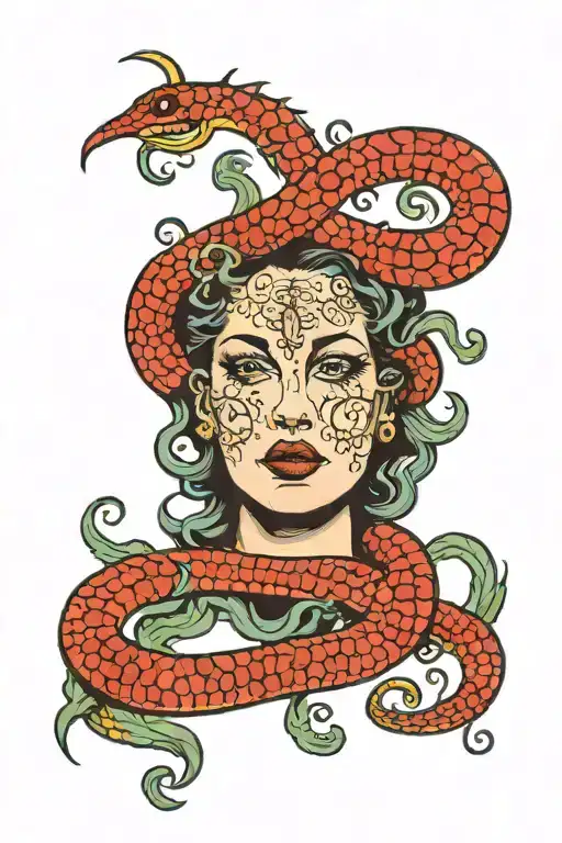 Medusa snake hair, cracked face, Scorpio zodiac sign tattoo design idea