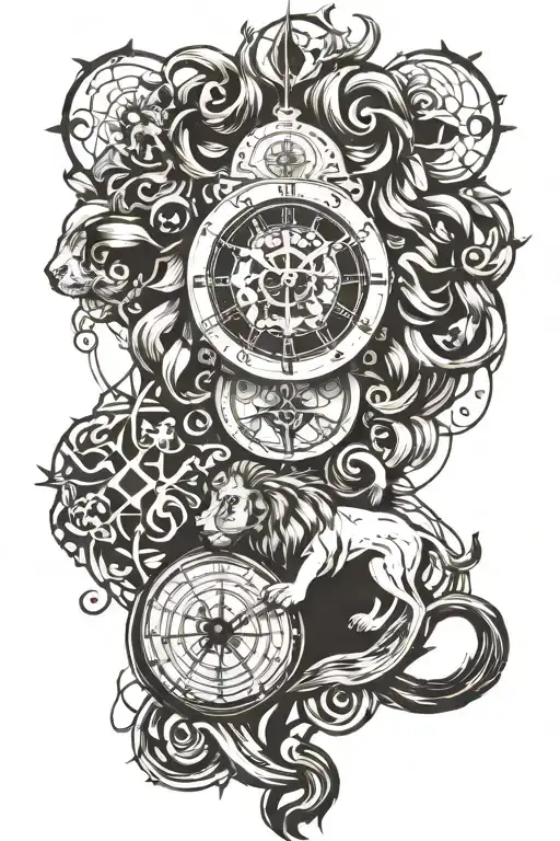 Lion, clock, nautical, religion symbols in one tattoo design idea