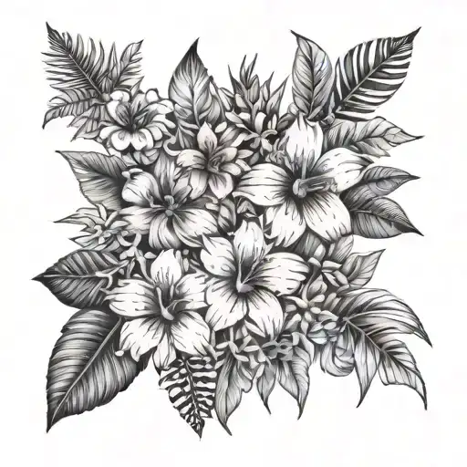 A tropical flower garden at sunset tattoo design idea