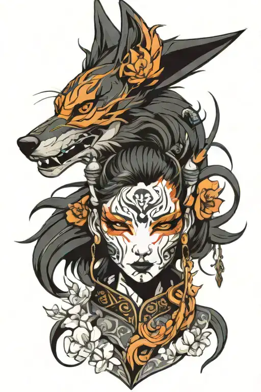 cyberpunk kitsune mask girl tattoo design idea