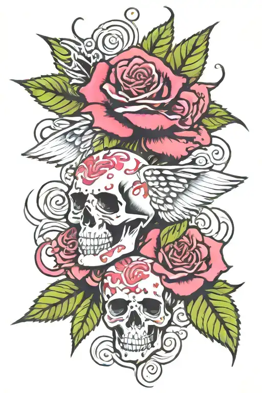 ed hardy spiritual red and pink roses with leaves and with white skulls and  spiritual designs with wind and big wings tattoo design idea