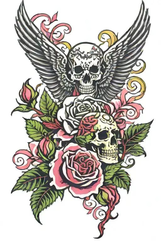 ed hardy spiritual red and pink roses with leaves and with white skulls and  spiritual designs with wind and big wings tattoo design idea