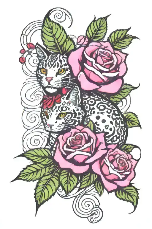 ed hardy spiritual red and pink roses with leaves and with white skulls and  spiritual cat with curly tail tattoo design idea
