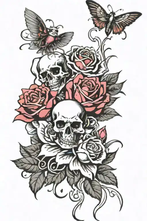 ed hardy spiritual red and pink roses and lotus's and with white skulls and  spiritual designs with wind and big wings tattoo design idea
