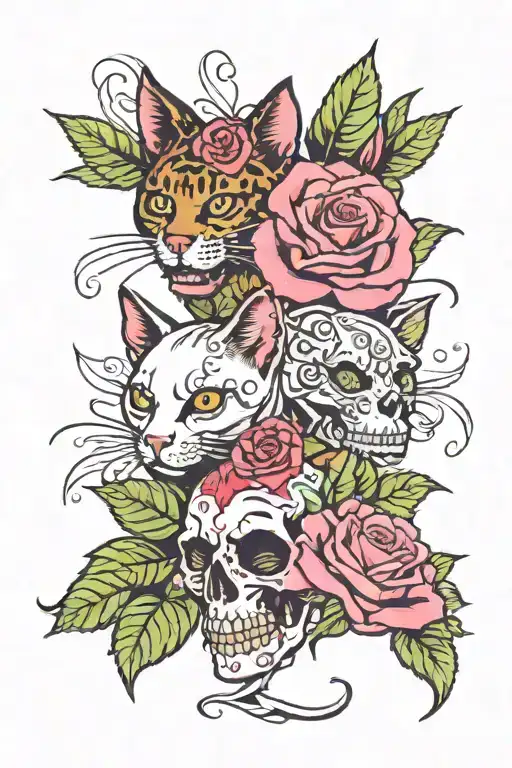 ed hardy spiritual red and pink roses with leaves and with white skulls and  spiritual cat with curly tail tattoo design idea