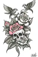 ed hardy spiritual red and pink roses and lotus's and with white skulls and  spiritual designs with wind and big wings tattoo design idea