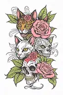 ed hardy spiritual red and pink roses with leaves and with white skulls and  spiritual cat with curly tail tattoo design idea