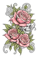 ed hardy spiritual red and pink roses with leaves and with white skulls and  spiritual cat with curly tail tattoo design idea