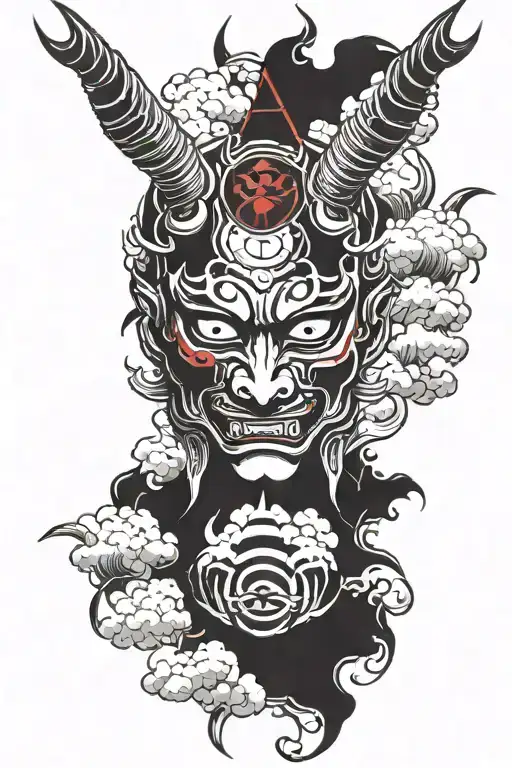 hannya mask with sharingan eye with cloud background tattoo design idea