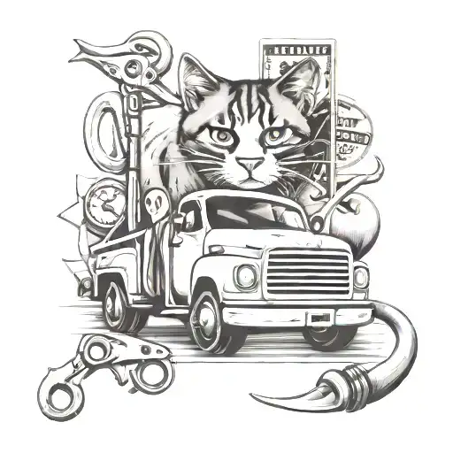 transport truck, wrench, apple, scissors, fishing rod, cat, dollar bill, hockey stick and puck, 4 stars tattoo design idea