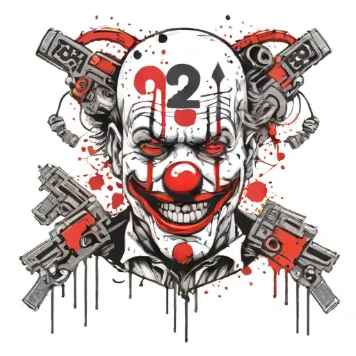 clown face surrounded by guns and dollar signs and sagitarrius symbol tattoo design idea