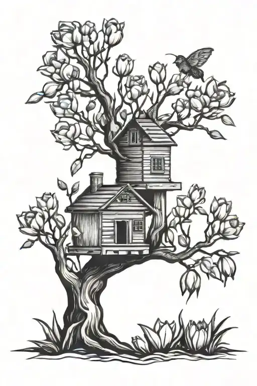 willow tree with beehive and tulips black tattoo design idea