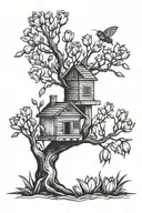 willow tree with beehive and tulips black tattoo design idea