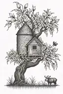 willow tree with beehive and tulips black tattoo design idea