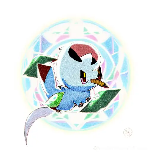 a colorful composition of the Pokémons raichu, articuno and oddish. add also a pokeball and thunders coming from raichu  tattoo design idea