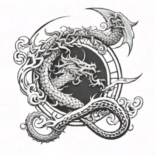 astrological sign aquarius, mountain and dragon tattoo design idea