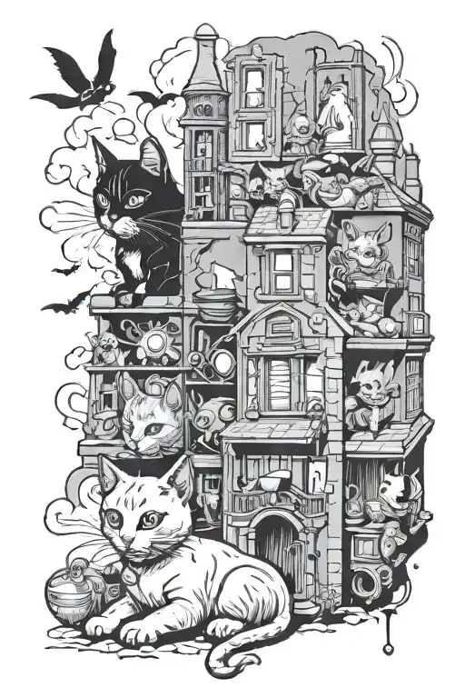 Cats and Gotham city tattoo design idea